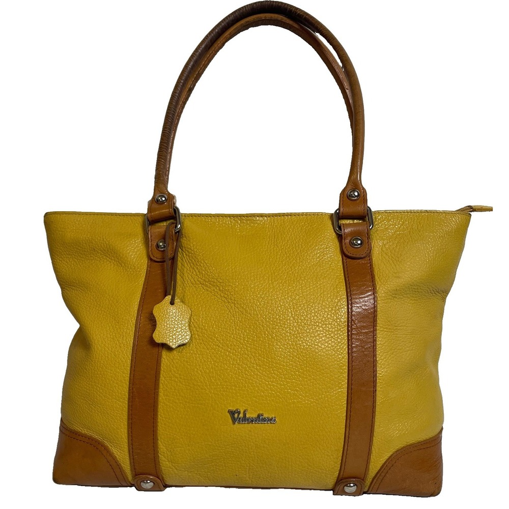 Valentina Yellow Pebbled Leather Tote Shoulder Bag Brown Trim Medium Italy Made